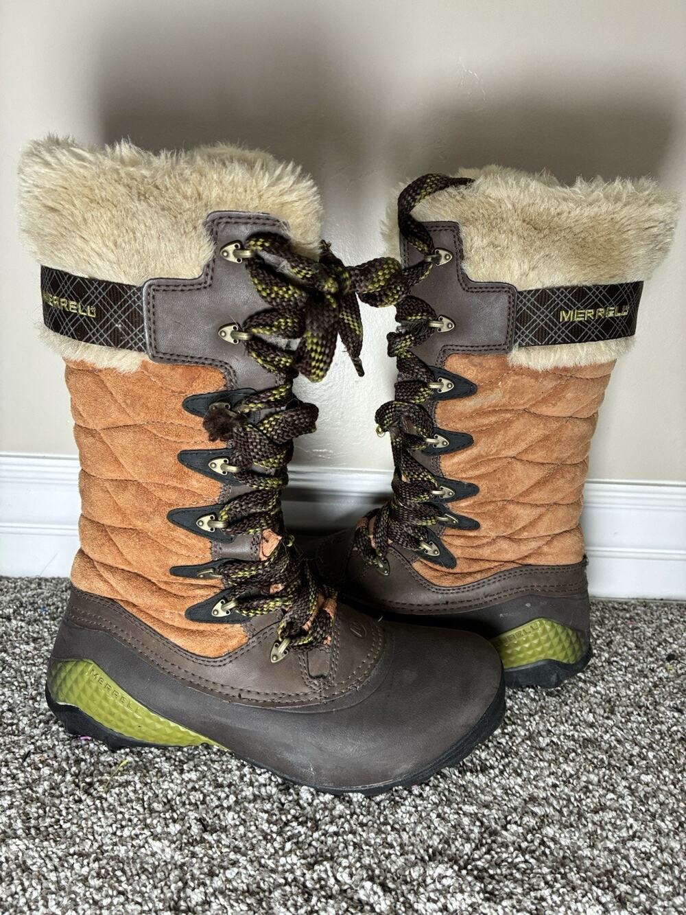 Merrell 7.5 Winterbelle Peak Waterproof Snow Boots Brown Suede Faux Fur J68108